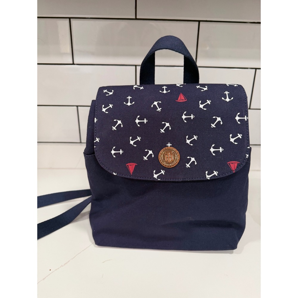 Tommy Hilfiger Mini Backpack Navy Blue Canvas Nautical Anchor Sailboat Print